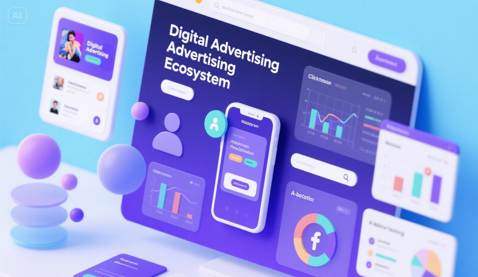 jimeng-2025-06-23-922-Isometric 3D illustration of a digital advertising ecosystem. A stylized works...