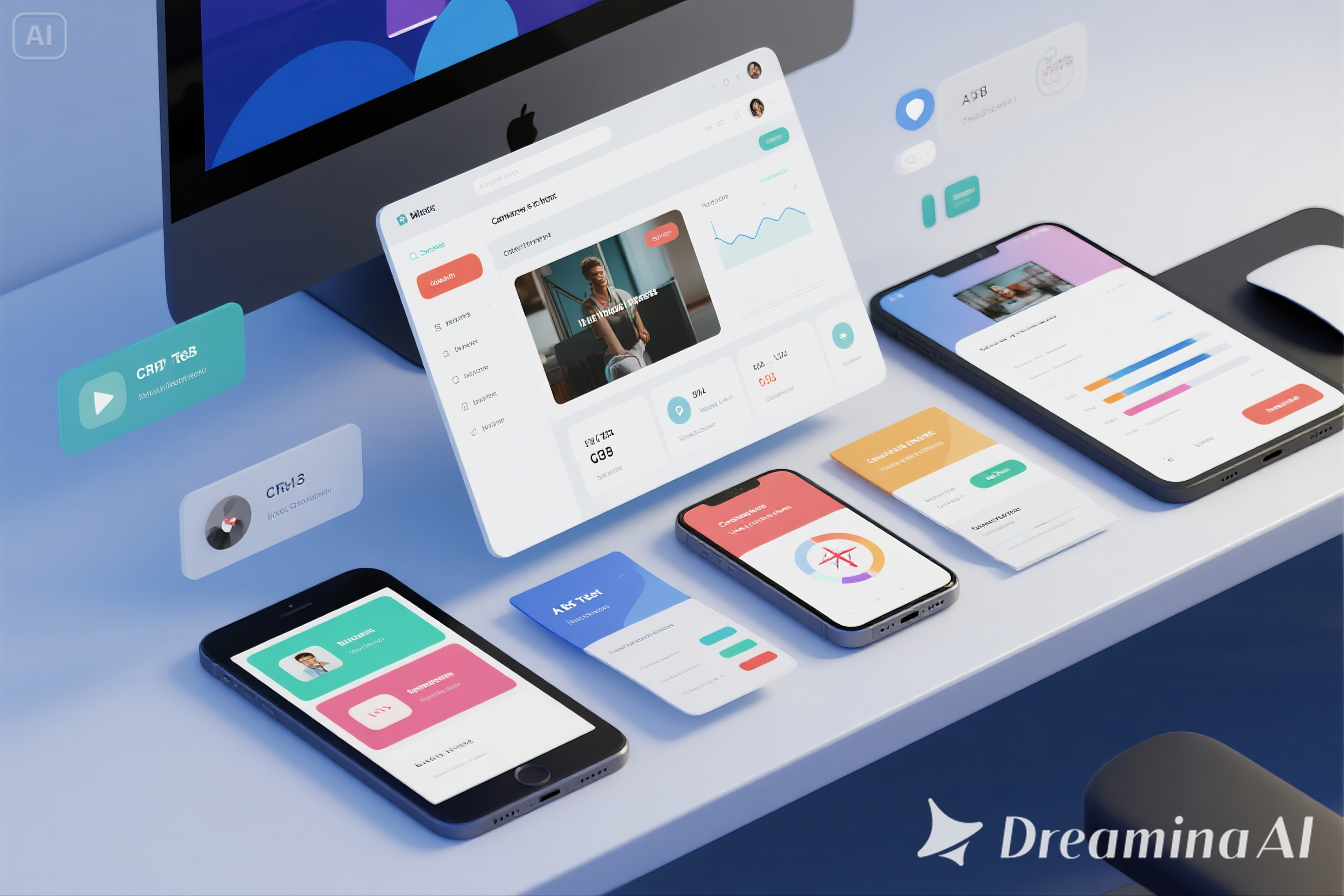 jimeng-2025-06-24-626-3D realistic render of a digital advertising dashboard setup — floating browse...