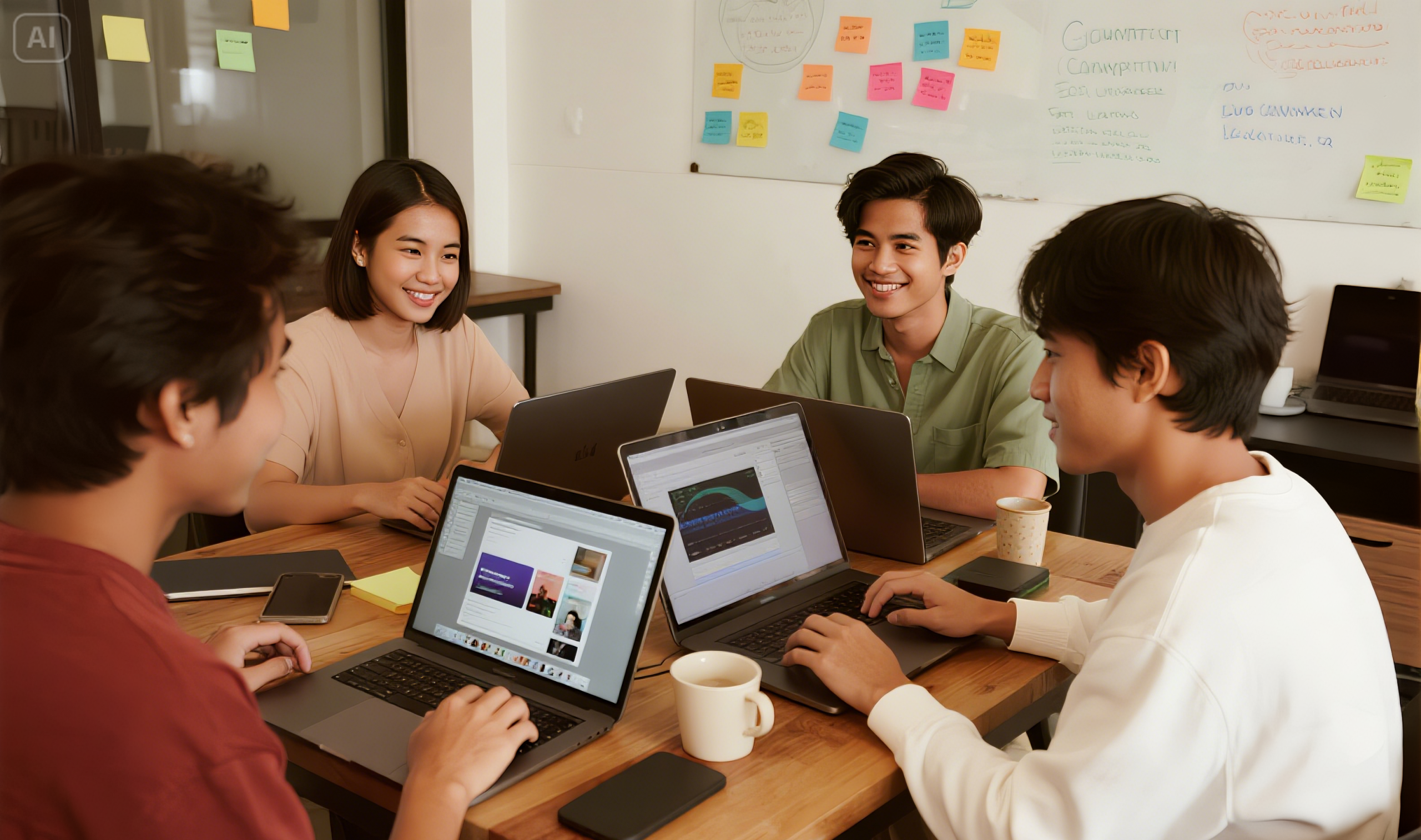 jimeng-2025-06-24-627-Photo-realistic scene of young Indonesian aaamarketers working together i...